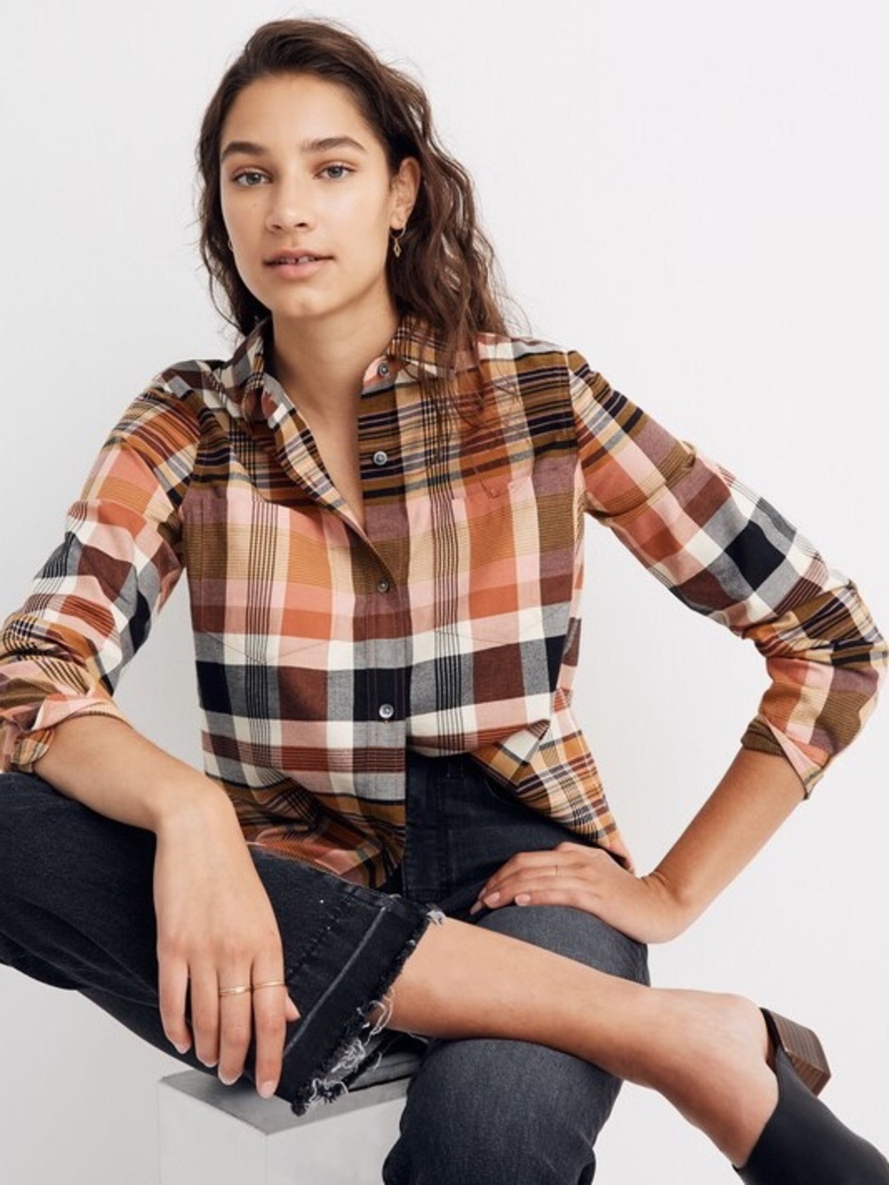 Madewell Women’s Orange Blue Seconda Plaid Classic Ex-Boyfriend Size Small